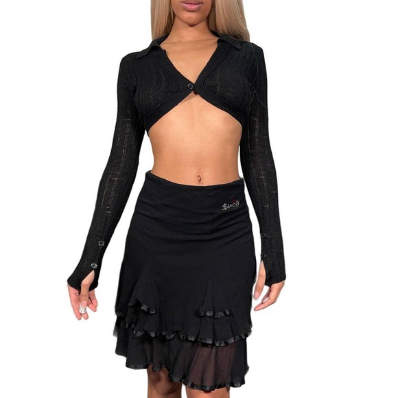 Vintage 2000s Black Mesh Skirt with Ruffle (XS-S) Made in Italy Festival Party - Picture 4 of 8